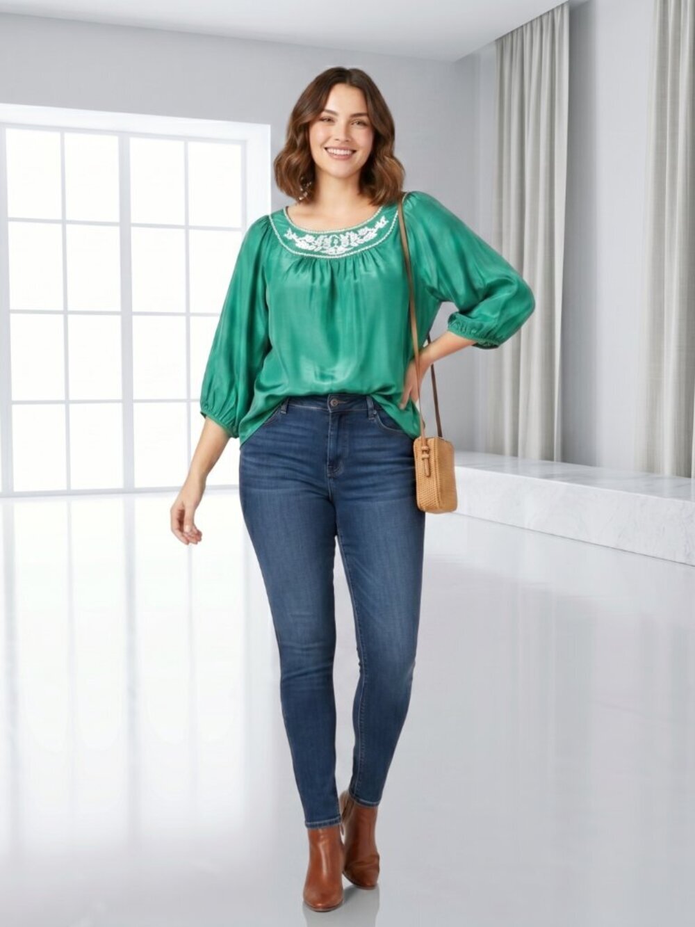 Lane Bryant Green Embroidered Peasant Blouse Balloon Sleeve Boho Plus Size 14/16